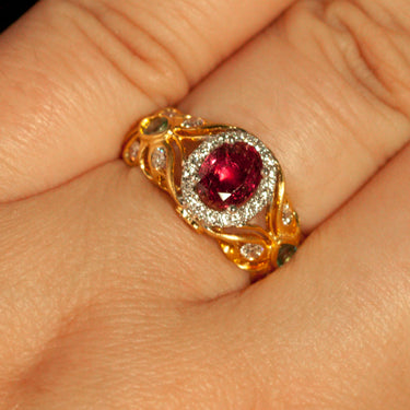 1.03ct natural untreated ruby 18k two tone yellow and white gold ring with alexandrite and diamond accents on hand